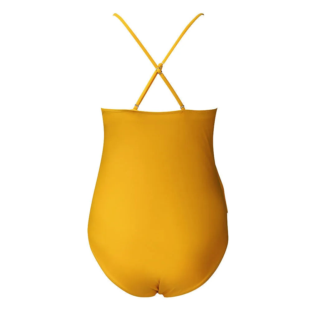 Yellow Siamese maternity swimsuit for pregnant women with built-in chest pad and no steel support