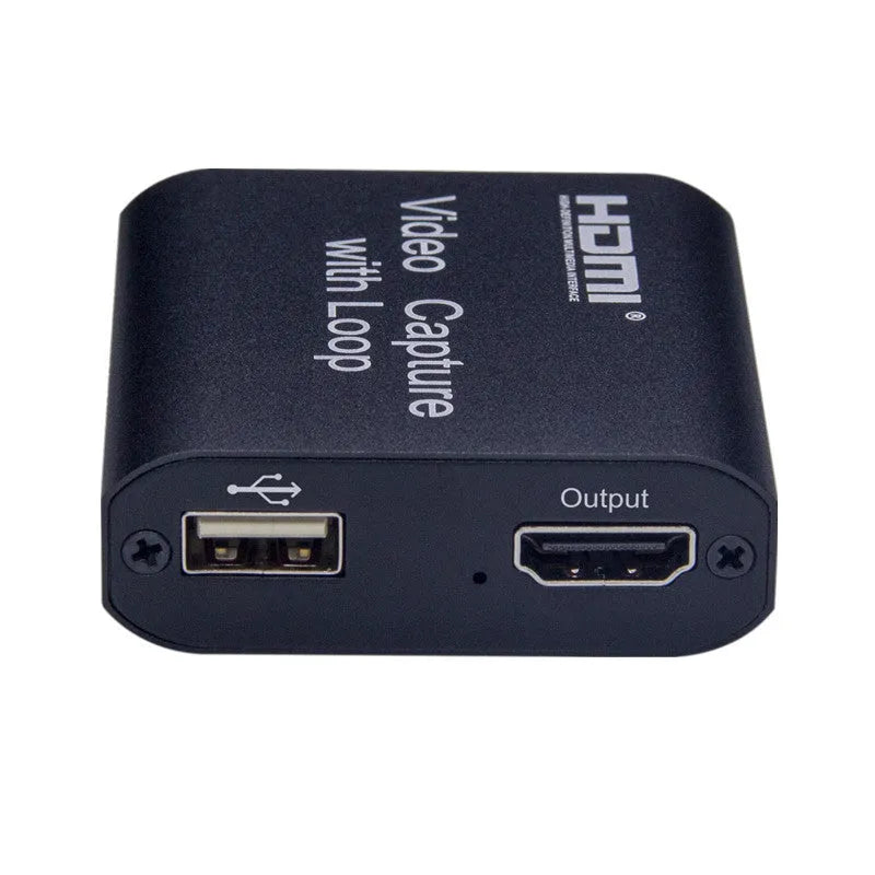 Black HDMI 4K video capture card with USB interface and loop out for high-definition acquisition