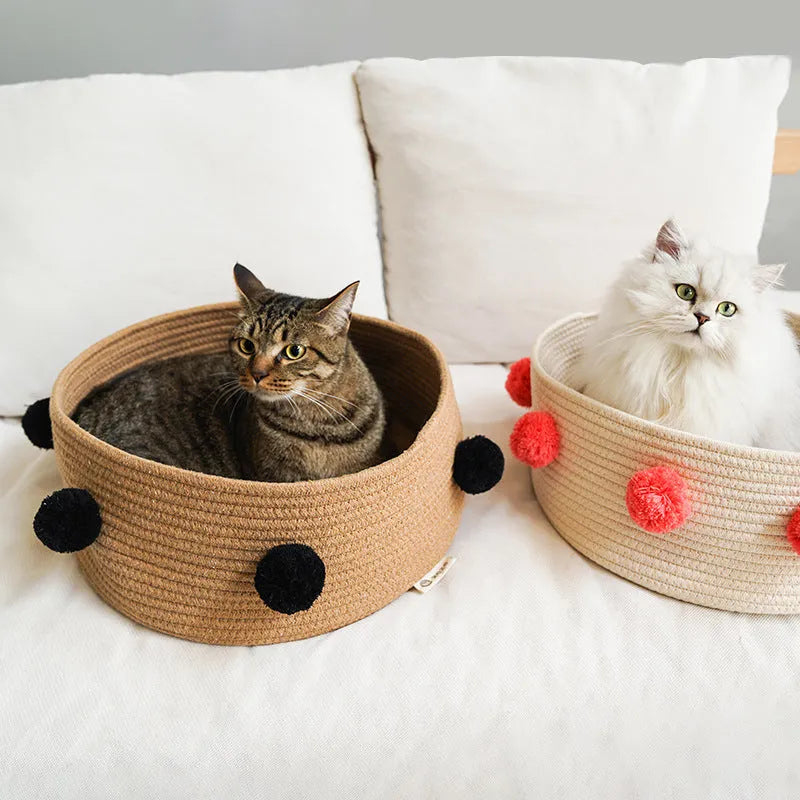 Four seasons universal cat bed in blue made from eco-friendly cotton thread with 40 cm diameter