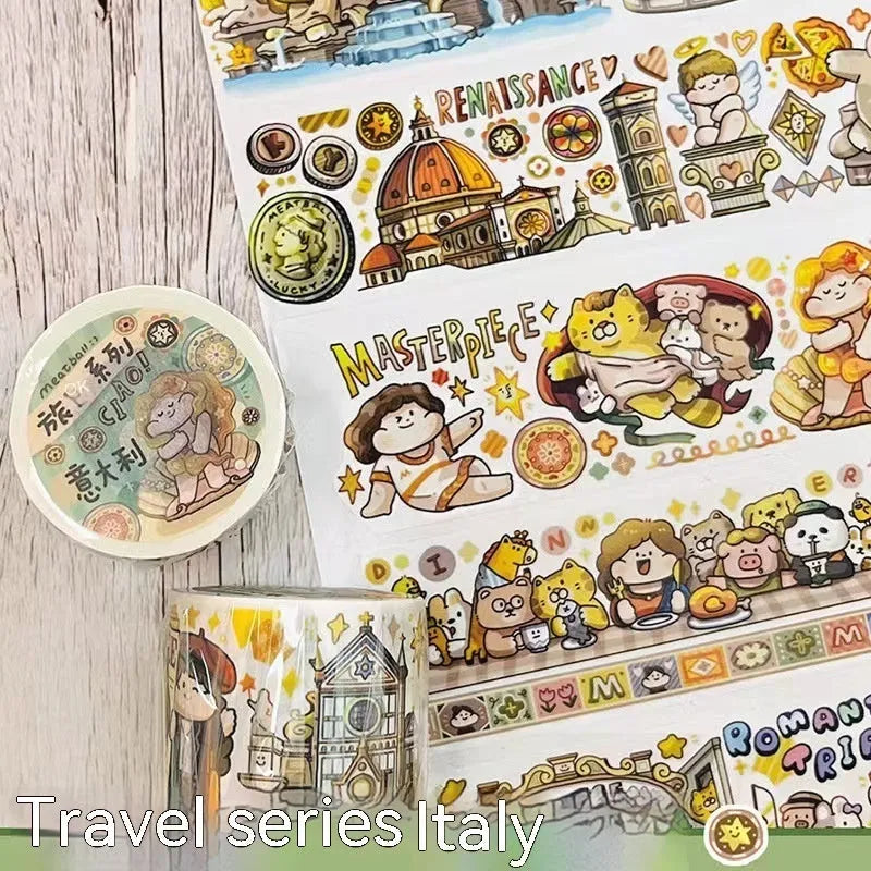 Cute cartoon character decorative sticker on Japanese paper for packaging.