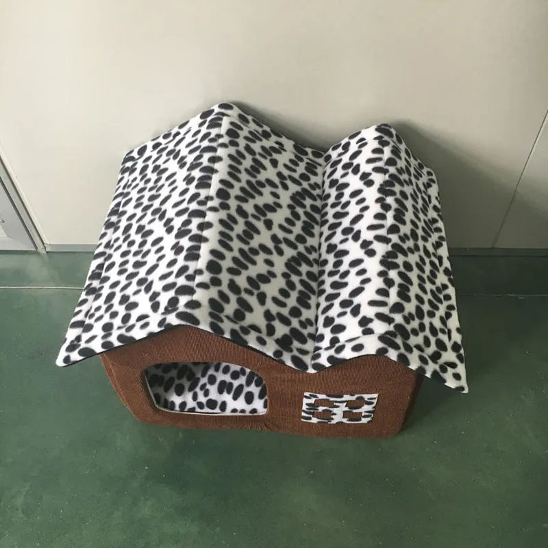 Coffee foldable winter pet kennel dog house with double roof, open size 55cm by 40cm by 42cm