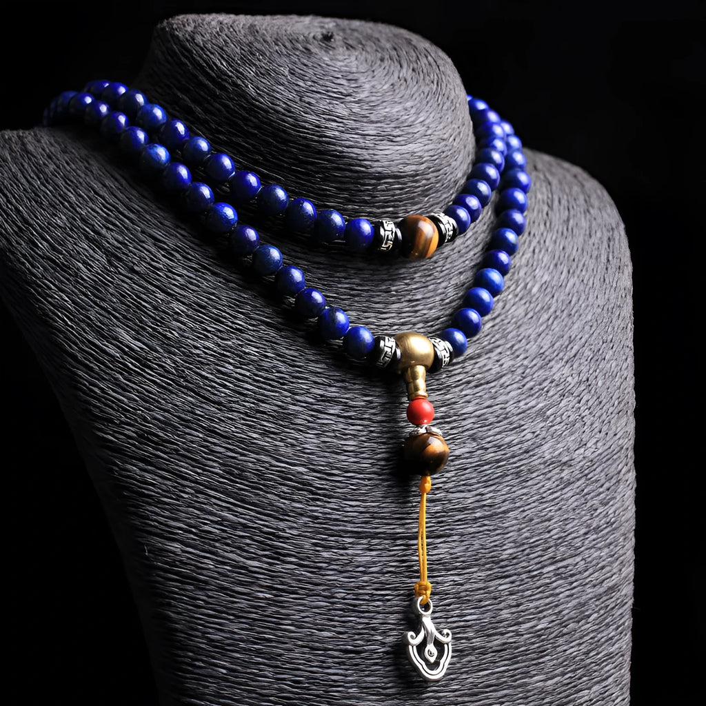 Natural lapis lazuli 108 bead bracelet with zodiac motifs in 6mm or 8mm sizes