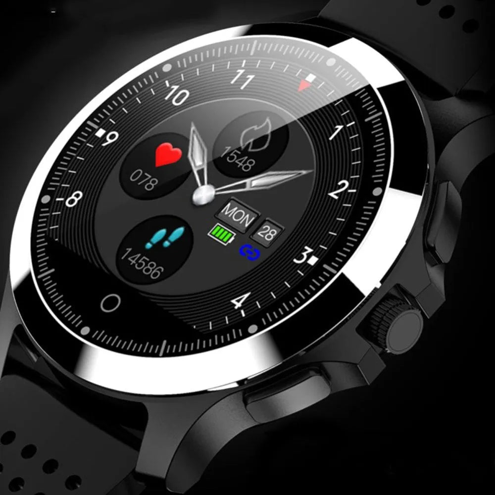 W8 ECG smart bracelet with stainless steel body and round colour screen showing cardiac monitoring data