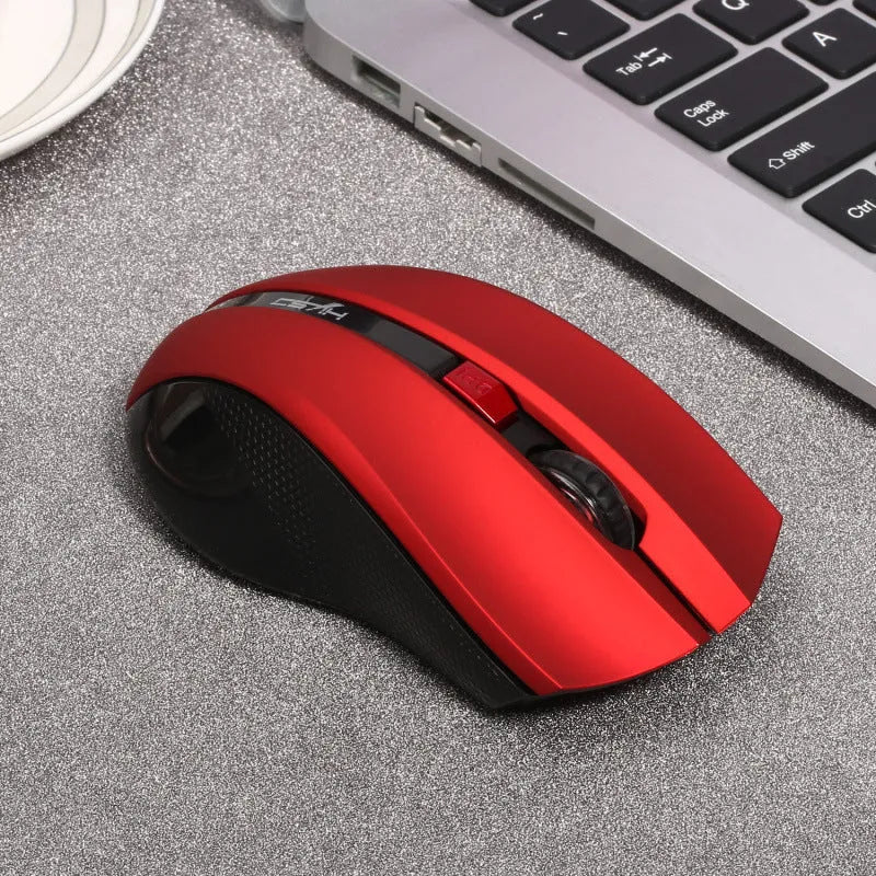 2.4G wireless optical ergonomic mouse in black with four-way scroll wheel and red LED sensor