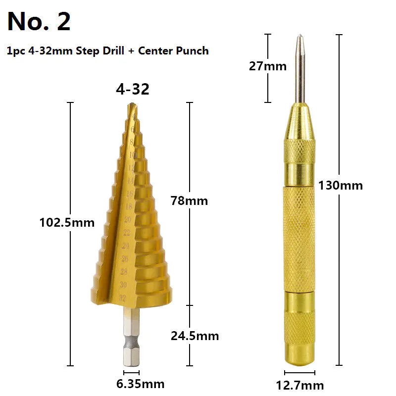 HSS steel cone drill bit and centre punch set for metalworking with step drill design