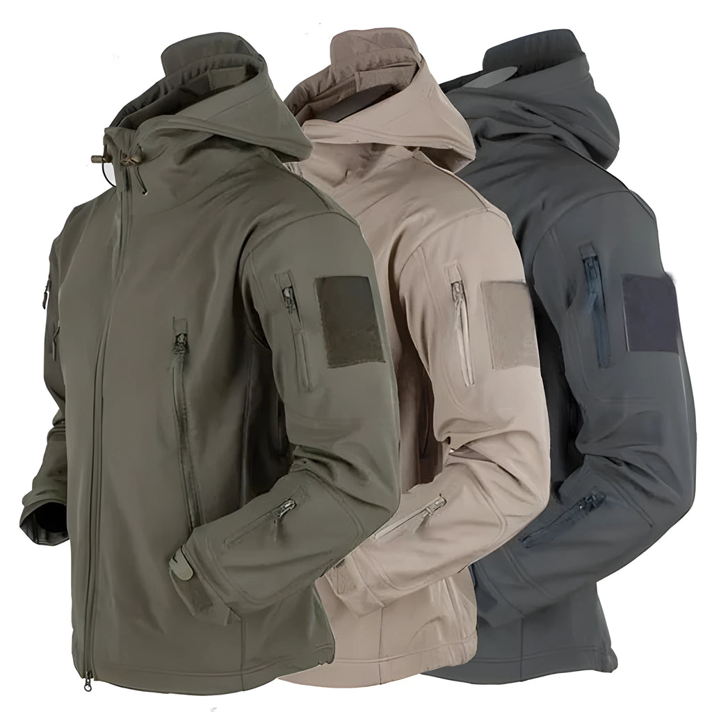 Men's windproof hooded soft shell jacket in black polyester fibre with front zipper and hood