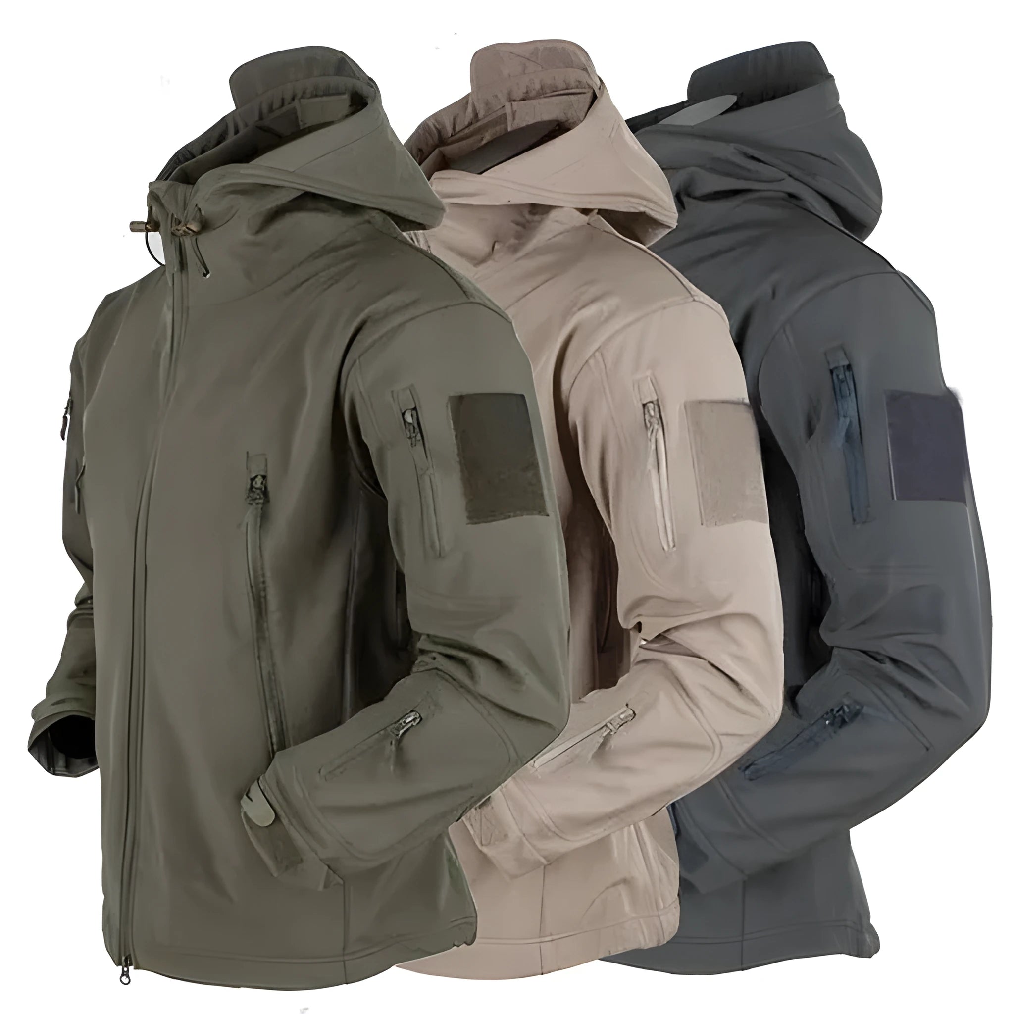 Men's windproof hooded soft shell jacket in black polyester fibre with front zipper and hood