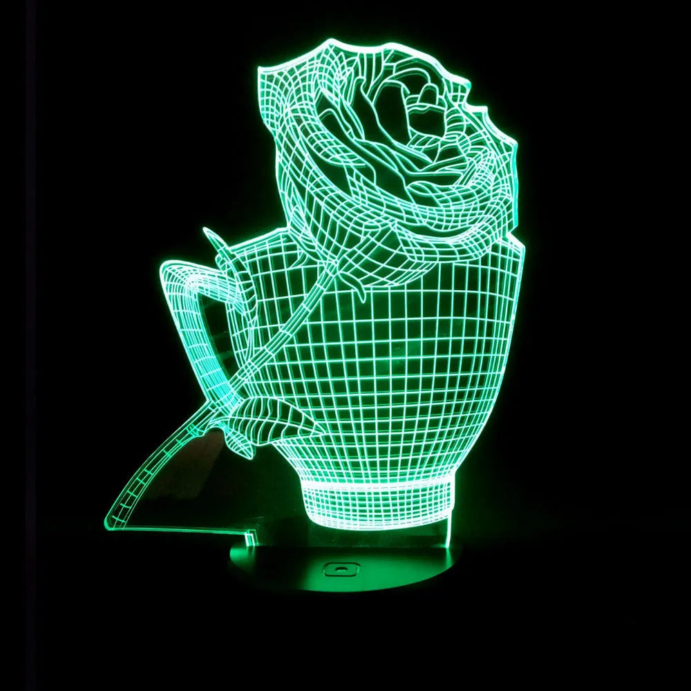 3D rose flower design night light with colour-changing LEDs on a black ABS base.