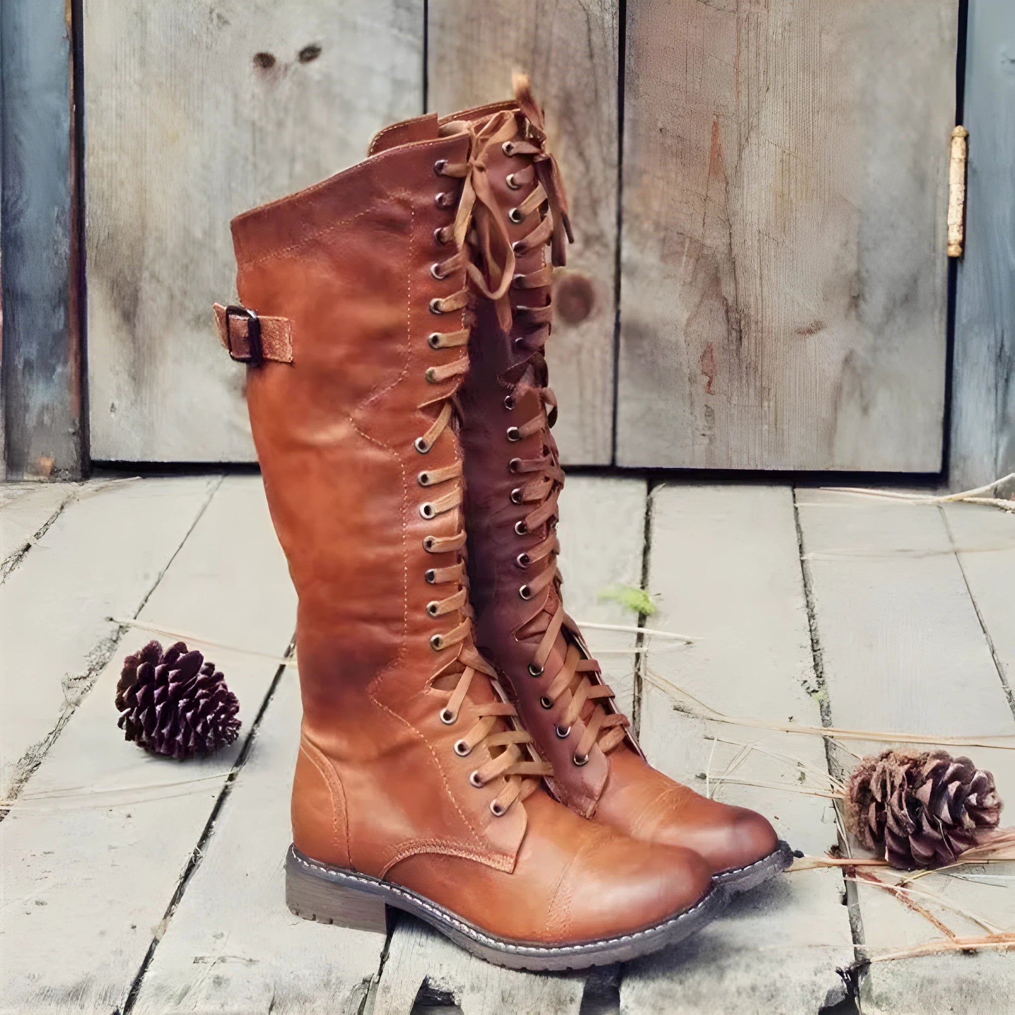 Women's black chunky heel high leg boots with a round toe and pull-on design.