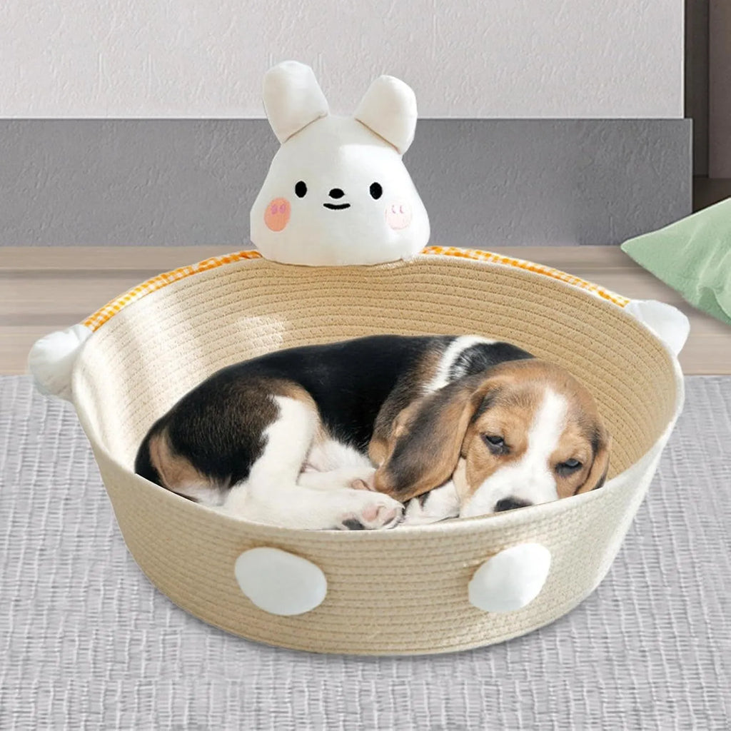 Woven cotton rope cat bed with scratching surface in basket design