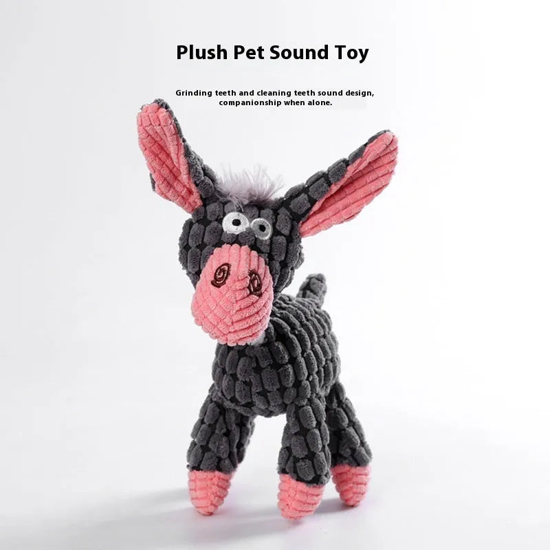 A selection of colourful plush pet toys including a rechargeable duck, a blue elephant, and a donkey.