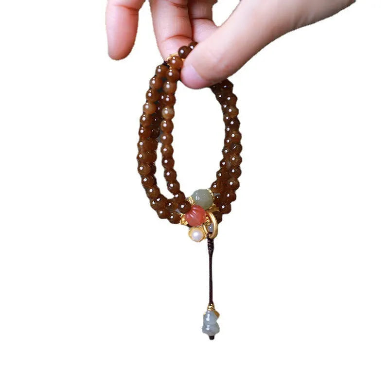 Brown jade Hetian jade three-ring bracelet with butterfly gourd pearl design and silver accessories