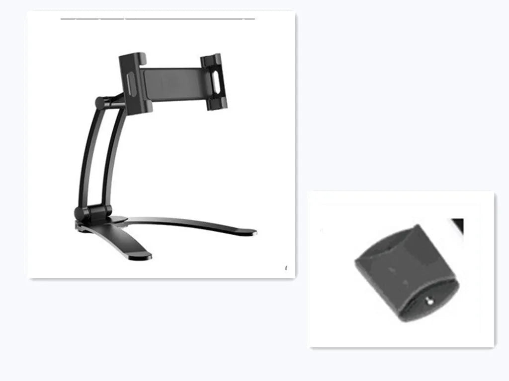 Silver aluminium alloy tablet stand with adjustable black clips holding a tablet, showing 360-degree rotation on a wooden desk.
