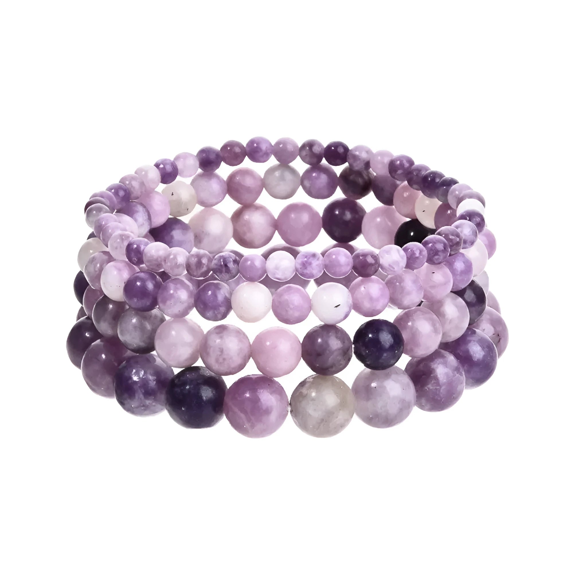 Purple natural stone geometric bead elastic bracelet showing four size options