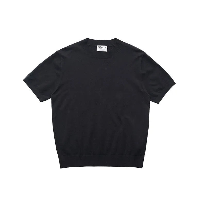 Fanio solid colour short-sleeve T-shirt in black velvet fabric on a hanger.