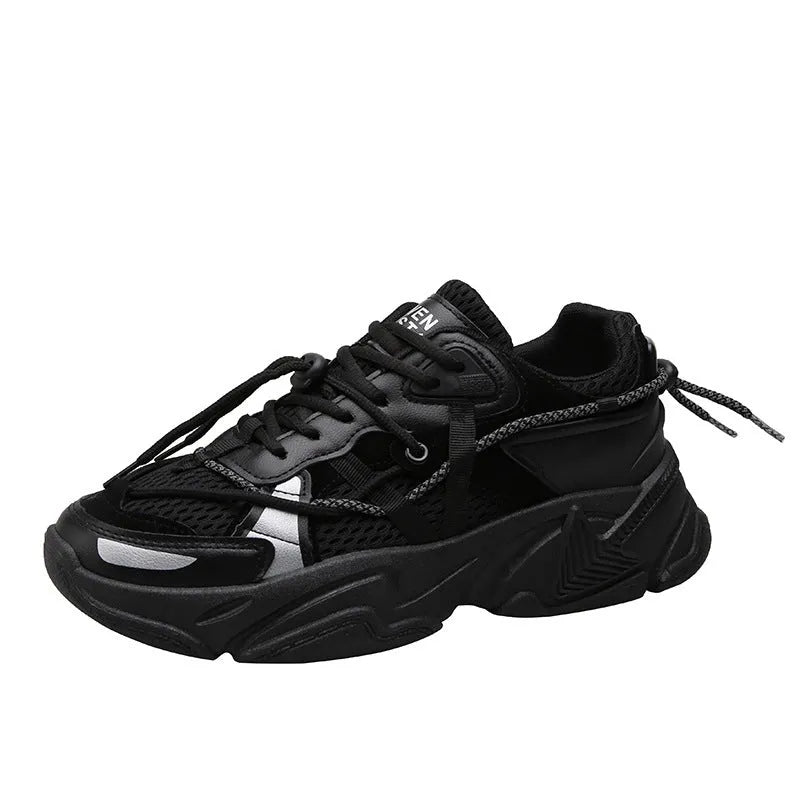 Men's white Korean-style platform dad sneakers with lace-up front and breathable mesh lining.
