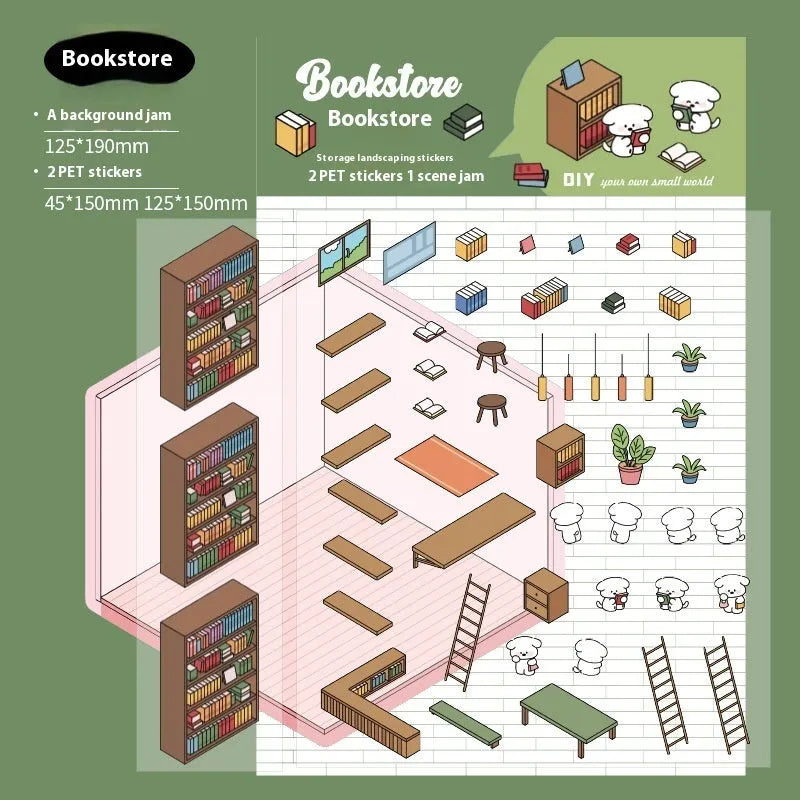 Pack of Capabala cartoon-style landscaping stickers showing eight different coloured shopfront designs.
