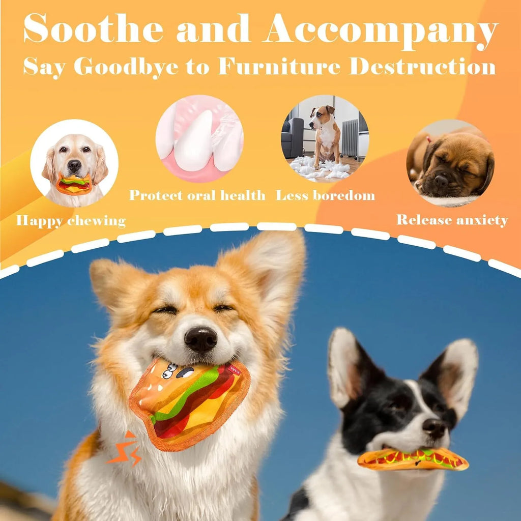 Food-shaped dog chew toys with crinkle and squeaker features including burger, fries, hot dog and pizza designs