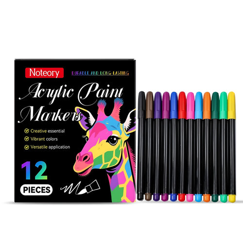 Set of 12 acrylic paint markers with opaque permanent ink for crafts on glass, rocks, and fabric.