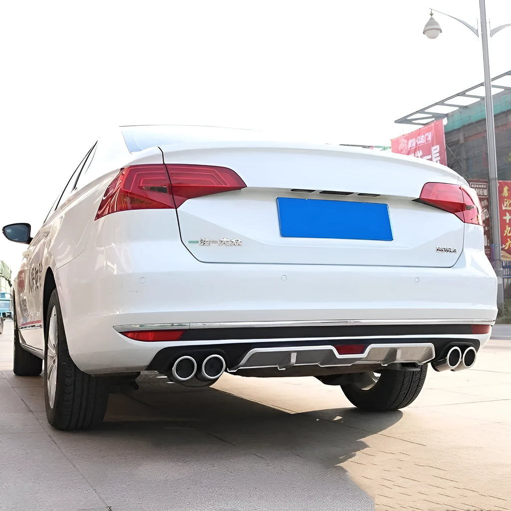 Car rear bumper spoiler accessory in black or silver-black finish for vehicle modification