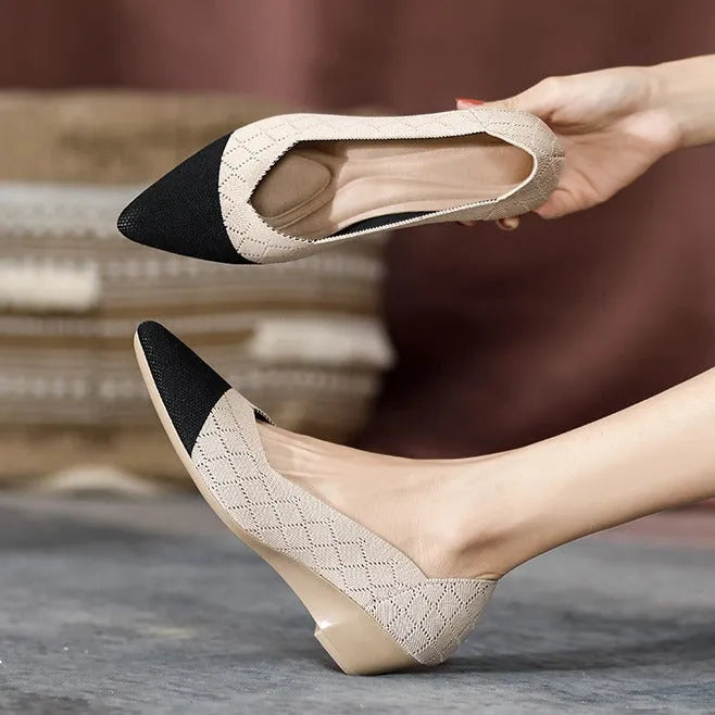 Women's wedge knitted casual shoes in apricot colour with a mid-height heel and shallow-cut opening.