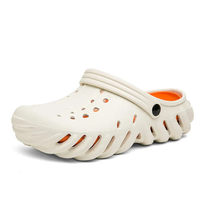 Men's beige EVA hole shoes with breathable holes and a strap, shown on a foot.