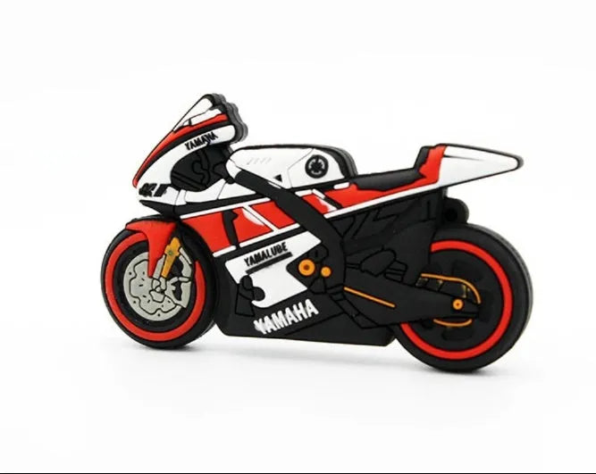 Cartoon motorcycle USB flash drive in red and white with wrist strap loop