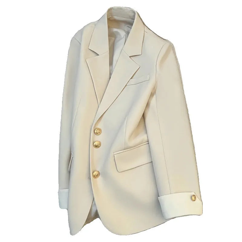 Korean-style loose fit women's coat in milky white, showing long sleeves and pockets.