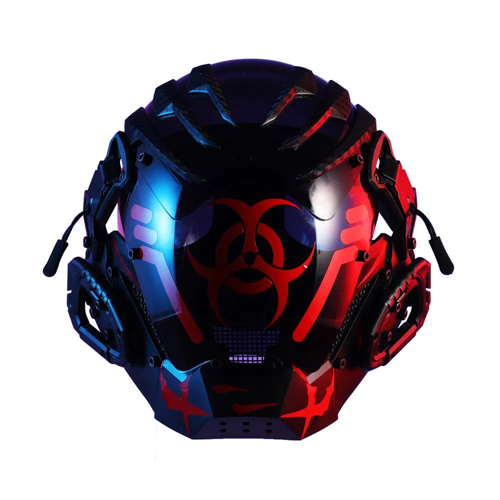 Black full face costume prop helmet with a smooth, futuristic design on a grey background.