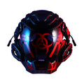 Black full face costume prop helmet with a smooth, futuristic design on a grey background.