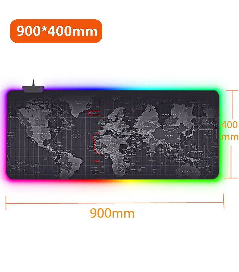 Large RGB gaming mouse pad with colourful seaming and waterproof cloth surface on a desk