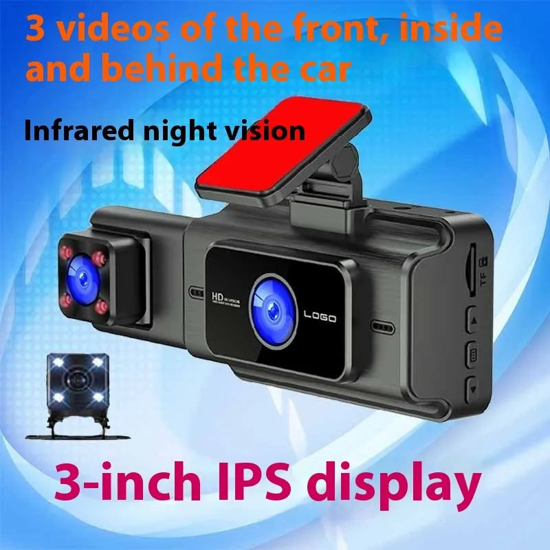 Black 3 lens driving recorder dash cam with 3 inch screen for front windshield mounting.