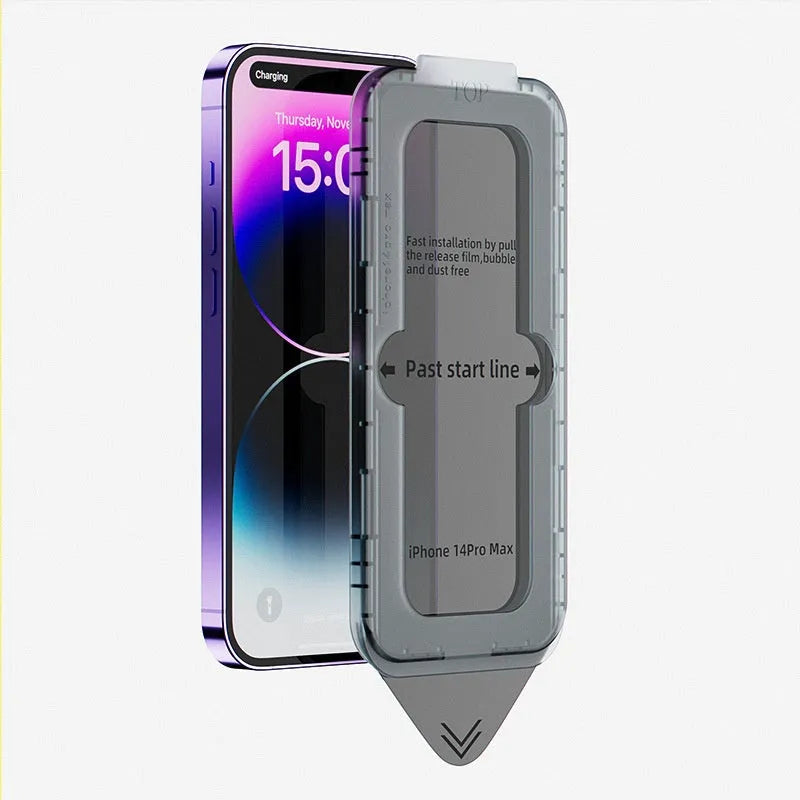Tempered glass privacy screen protector for iPhone with frosted peep-proof finish and application sticker box.
