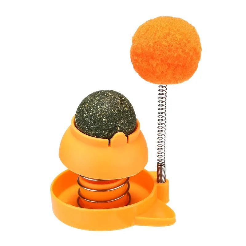 Lucky cat mint ball toy with self-hi feature in blue, orange, and pink colours for cats.