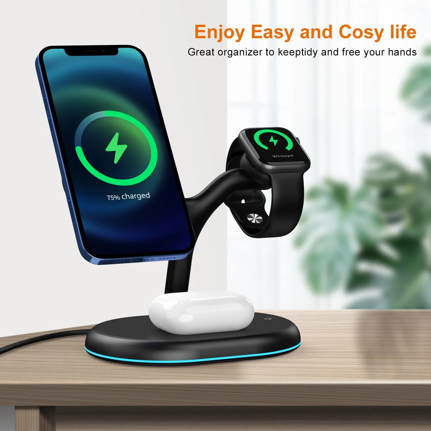 Black three-in-one magnetic wireless charger with iPhone, Apple Watch, and AirPods case placed on charging pads
