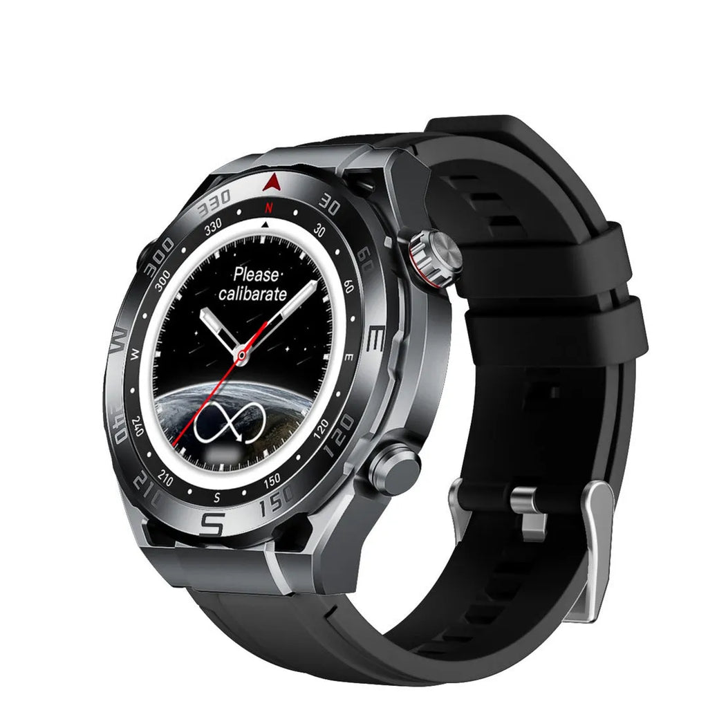 Smart phone Bluetooth sports watch with 1.39 inch screen, zinc alloy IML case, liquid silicone steel belt strap, in Black, Gold, or Silver.