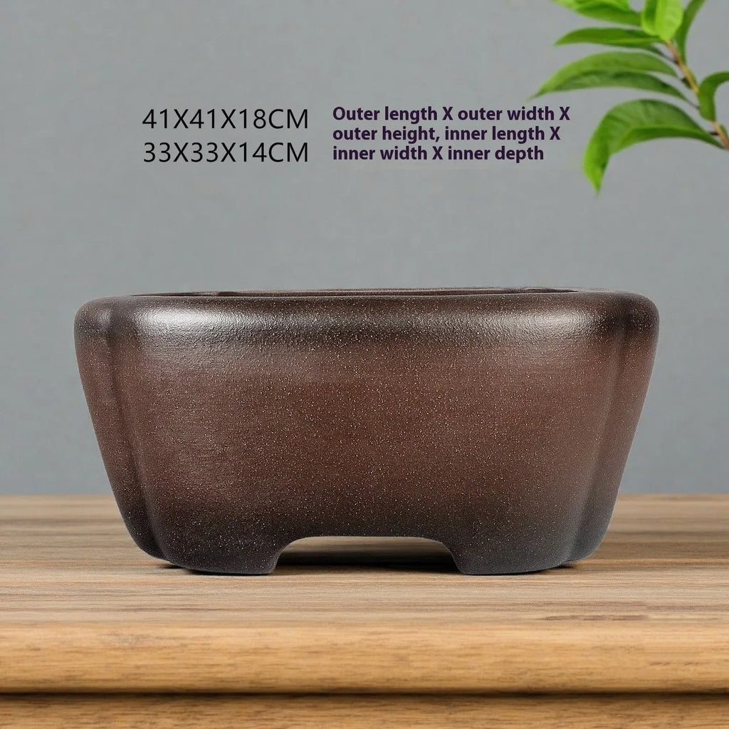 Handmade antique square purple sand ceramic bonsai pot, 41x41x18cm outer dimensions