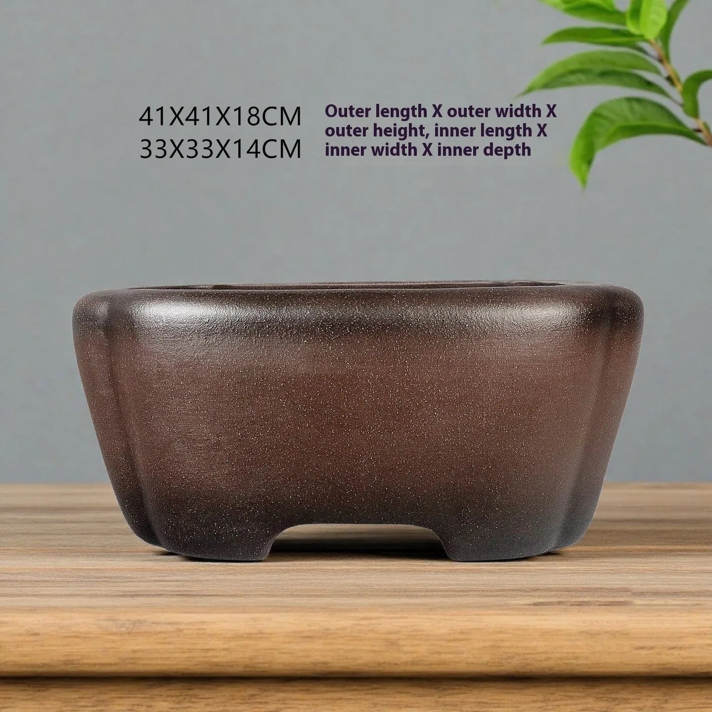Handmade antique square purple sand ceramic bonsai pot, 41x41x18cm outer dimensions