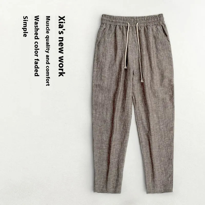 Men's cotton and linen casual trousers with cropped length and stripe pattern