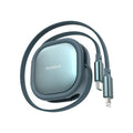 Black telescopic Lightning charging cable with aluminium alloy connector, extended to full length on a white desk