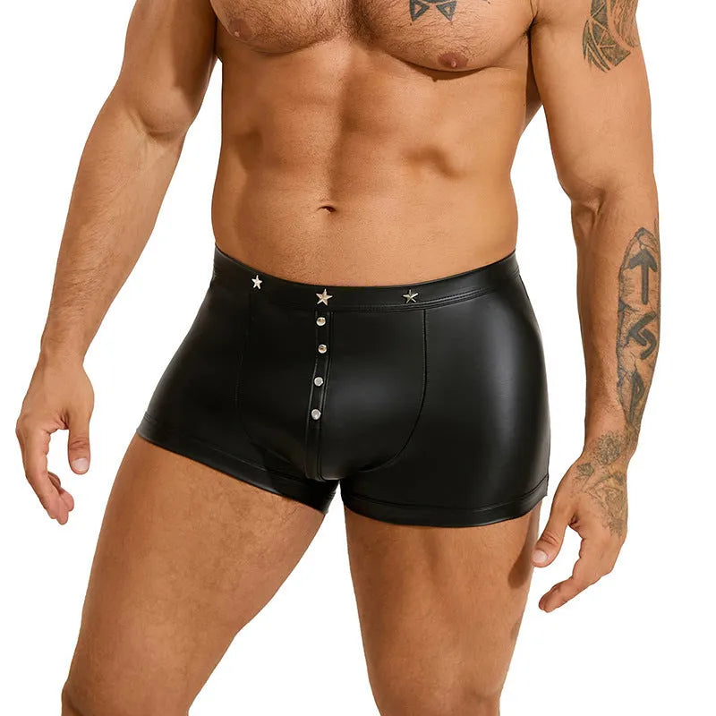 Black PU leather men's boxer shorts with a U-shaped pouch, shown flat.