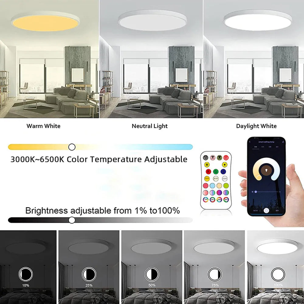 Black or white intelligent Bluetooth ceiling lamp with RGBCW colour dimming controls and 300mm diameter