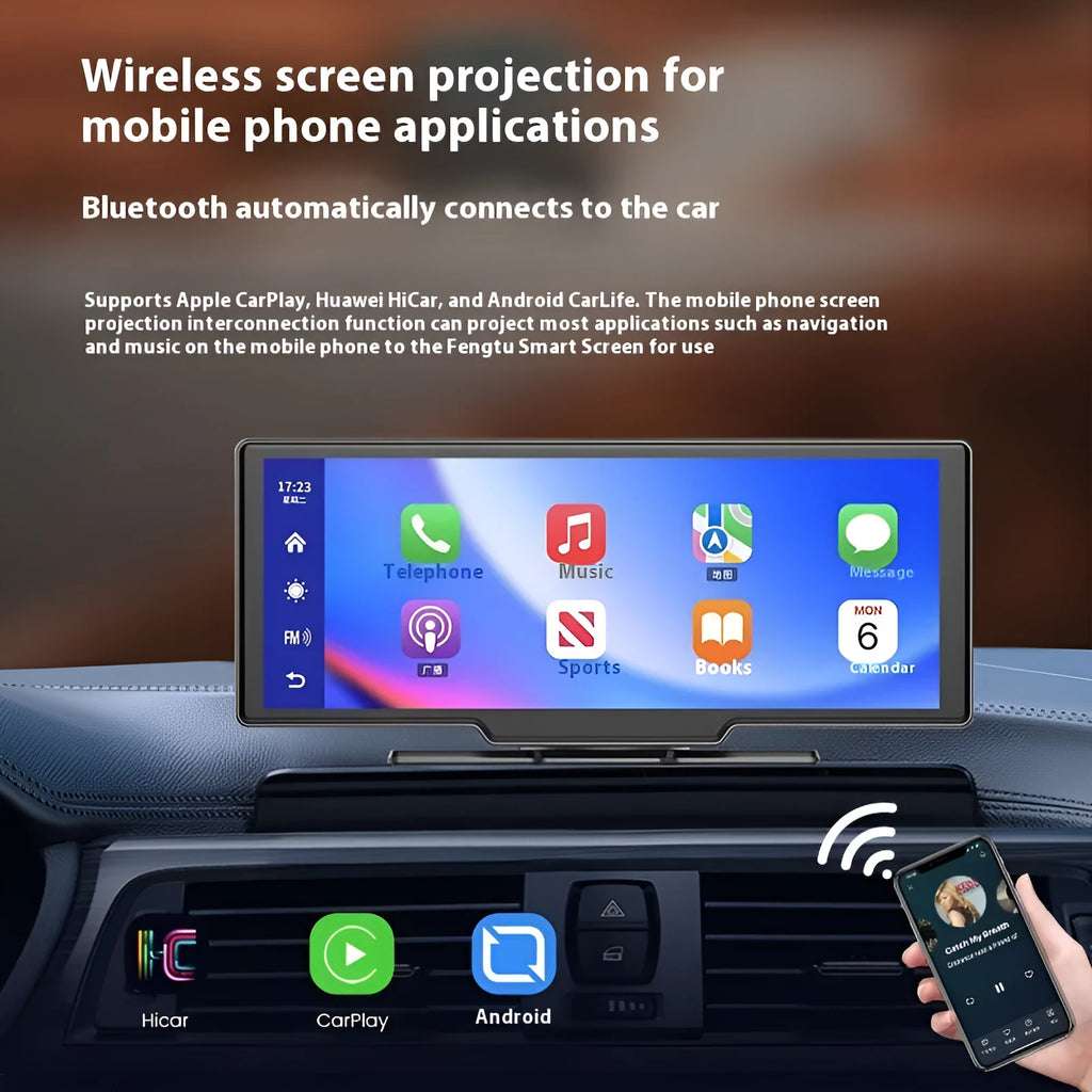 10-inch black car smart screen mounted on dashboard, showing Apple CarPlay maps, with small rear camera on table.