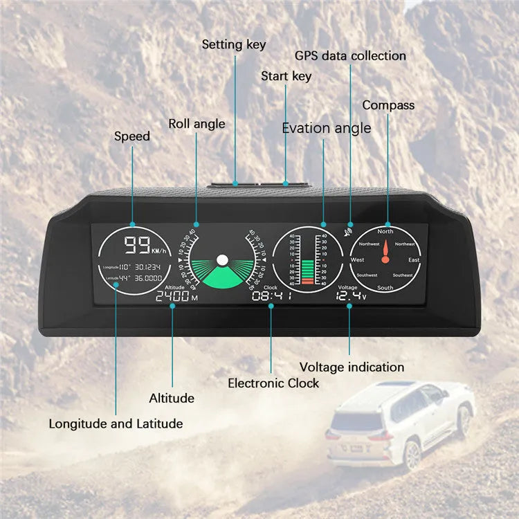 GPS GO 2 black car head-up display unit showing speed, angles, and compass on a colour LCD screen.