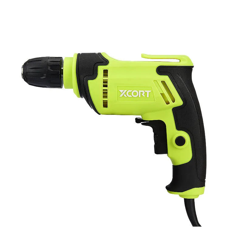 Pistol grip electric drill with a 10mm chuck on a workbench.