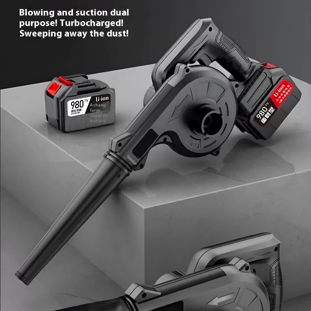 Blue Deluxe Edition lithium battery blower with two batteries and blowing nozzle