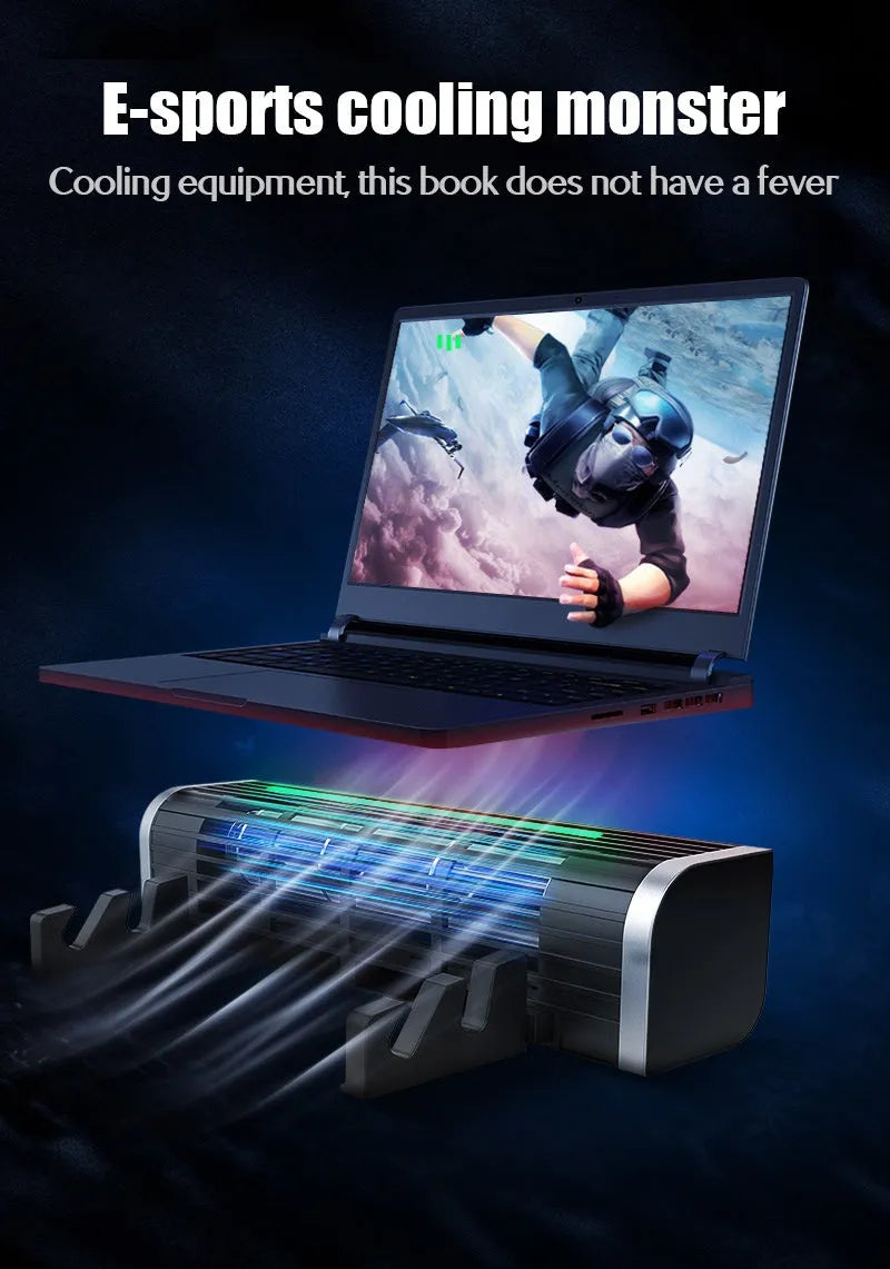 Black notebook cooling pad with turbo fan for 15-inch laptop on a desk