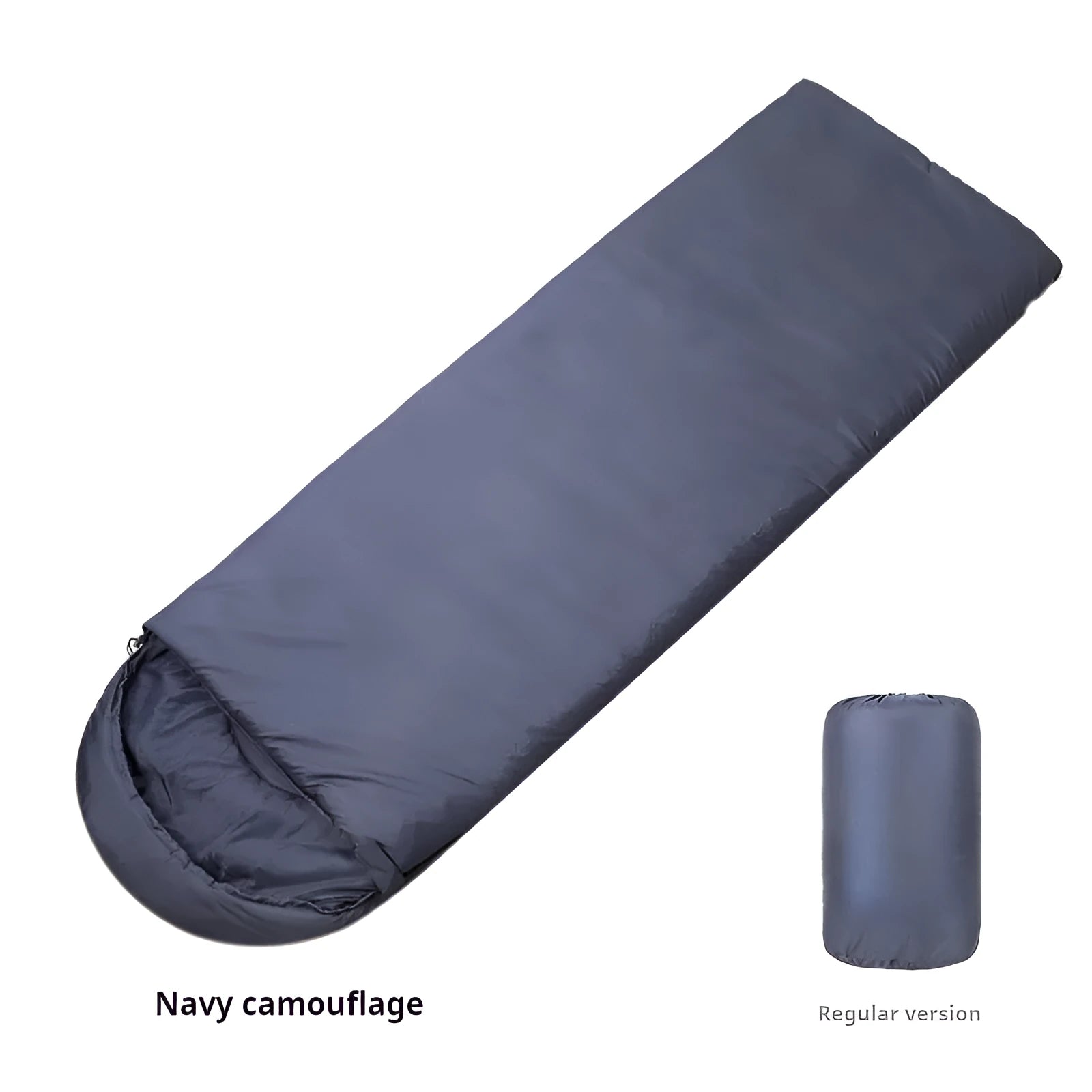 Navy blue envelope-style outdoor camping sleeping bag for adults on a neutral background.