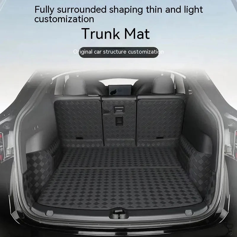 Leather trunk mat for Tesla Model 3 or Model Y boot in black, brown, or wine red.