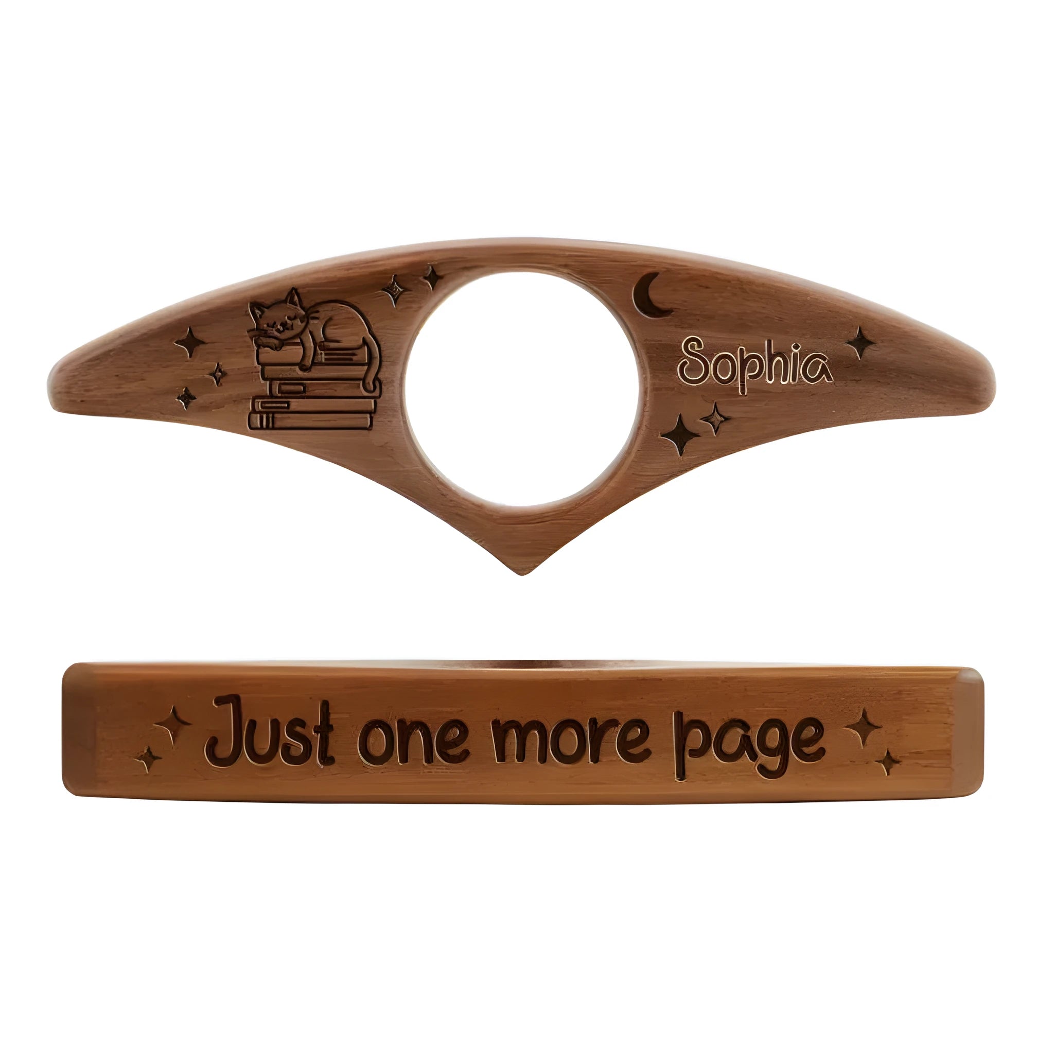 Handmade wooden thumb bookmark ring in antique-style beech and walnut colours